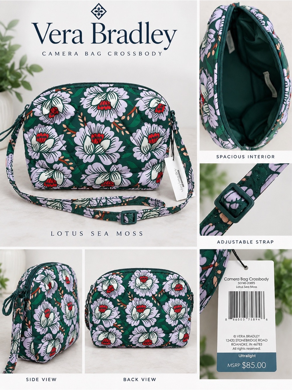 NWT Vera Bradley Lotus ‘Sea Moss’ Floral Crossbody Bag - Green